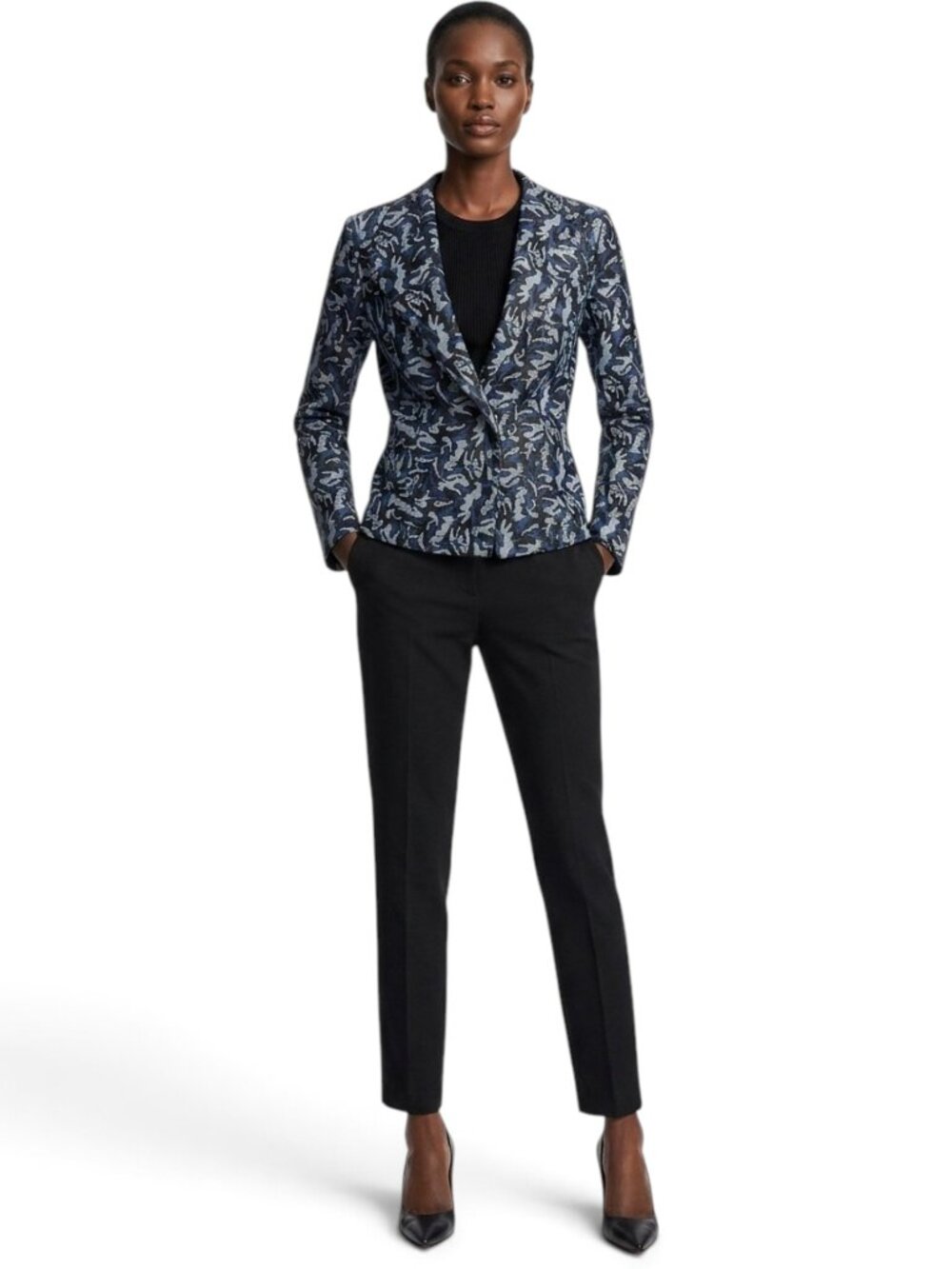 Grayse Pebbled Textured Leather Camouflage Fitted Blazer Jacket Black Blue XL